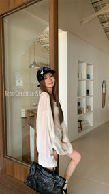 Boxy loose fit unbalanced shoulder long-sleeve T-shirt