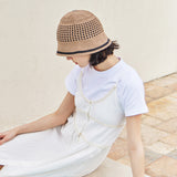 VA Top Button Knit Crochet Bucket Hat / Brown