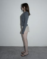 Shirring Henley Neck Long Sleeve Stripe Charcoal