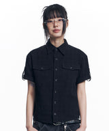 Texture Crop Roll-Up Check Short Sleeve Shirt - Black