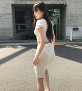 [ md pick ] nef puff & lace top + midi sk set