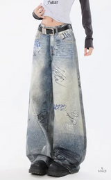 Hand-Painted Distressed High-Waisted Wide-Leg Jeans