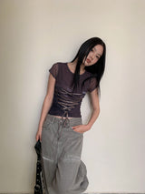 コルセットストラップバックシースルー半袖Tシャツ