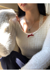 ホワイトレースストラップロングスリーブドフラッフィーニットウェア