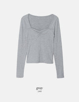Raymi Heart Neck Shirring Slim Rib T-Shirt (4color)