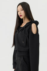 Shoulder Cutout Crop Hooded Zip-Up, Black