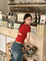 #Back Slit Square Short Sleeve Knit + Scrunchie Set (5color)