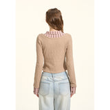 [GirlyFancyClub] high-intelligence miu style*pink and brown striped small lapel faux two-piece knitted top for