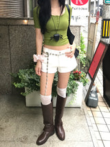 オリーブ ダイアリー ボタン Uネック スリムフィット Tシャツ
