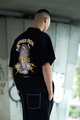 "BLESSED VIRGIN" ウォッシュドエンブロイダリーサテンシャツ