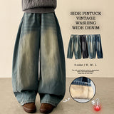 Leg hem snap side pin tuck denim wide pants