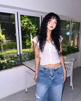 (2color) Bead Ball Shirring Cap Sleeve Tee