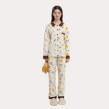 オータム ブラウン リーフアンドフローラル プリント パジャマセット - 100% Brushed Cotton Plush Sleepwear
