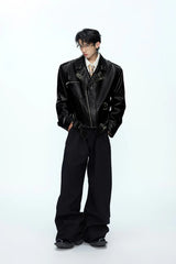 Pin Detail Geisha Print Leather Jacket