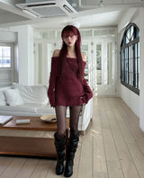 [Wool 25%] Kae Mix Damage Off-Shoulder Knit