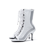 Mesh Lace-Up Open Toe Heel(White)