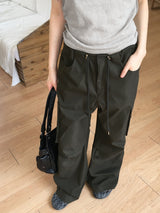 Denti button pintuck shirring long wide cargo pants
