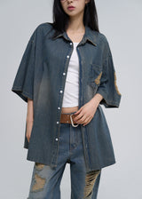Sia damage washed denim short-sleeved shirt