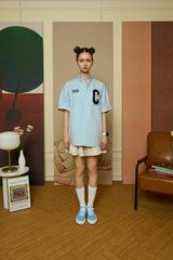 ネイビーCパッチライトブルーデニムショートスリーブシャツ [Unisex]