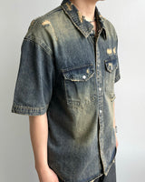 Groot damage denim short-sleeved shirt