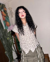 (2color) Ruffle Shirring Check Cap Blouse