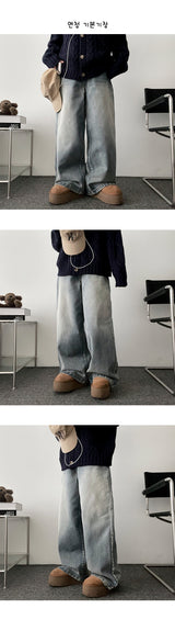 [Fleece lining]linen hem snapwashed wide denim pants-3 Tier Length