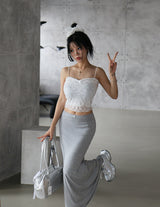 woody ribbon, lace, bustier, singlet with strap