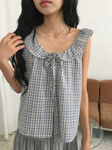 Baso Check Frill Seersucker Boat-Neck Blouse