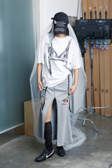 DAMAGED LONG DENIM SKIRT (GRAY)