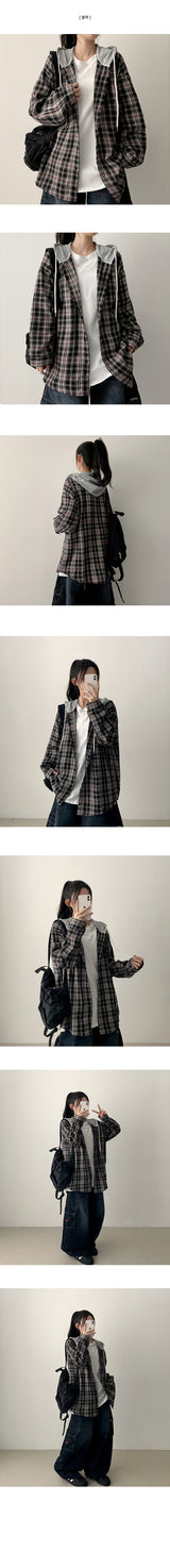 Perin ボクシー フード付きチェック柄シャツ