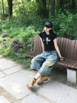 メランディストレスバミューダデニムパンツ (2c)