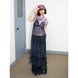Checked embroidered semi-sheer mesh dress