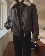 [premium] Frame Raccoon Collar Leather Jacket