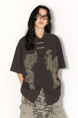 New Chinese-style applique embroidered button-down loose short-sleeved shirt