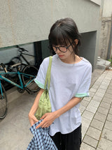 [unisex] Blanc Loose Fit Sleeve Color Matching Button Roll-Up Short Sleeve T-shirt