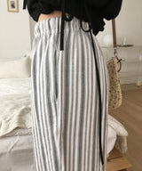 Diner Vertical Stripe Waist Banding Linen Long Summer Pants 2 Colors