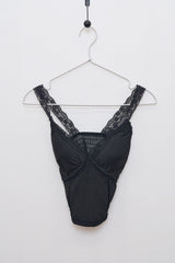 Lace-Trimmed Shirred Smocked Bra Top (Black)