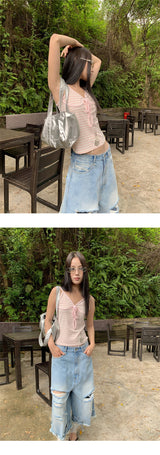 Pink stripe lace-up sleeveless t-shirt