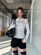 Collar See-Through Stripe Long Sleeve T-Shirt