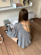 Boxy loose fit unbalanced shoulder long-sleeve T-shirt