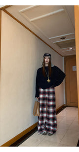 Cotton Check Casual Wide Pants