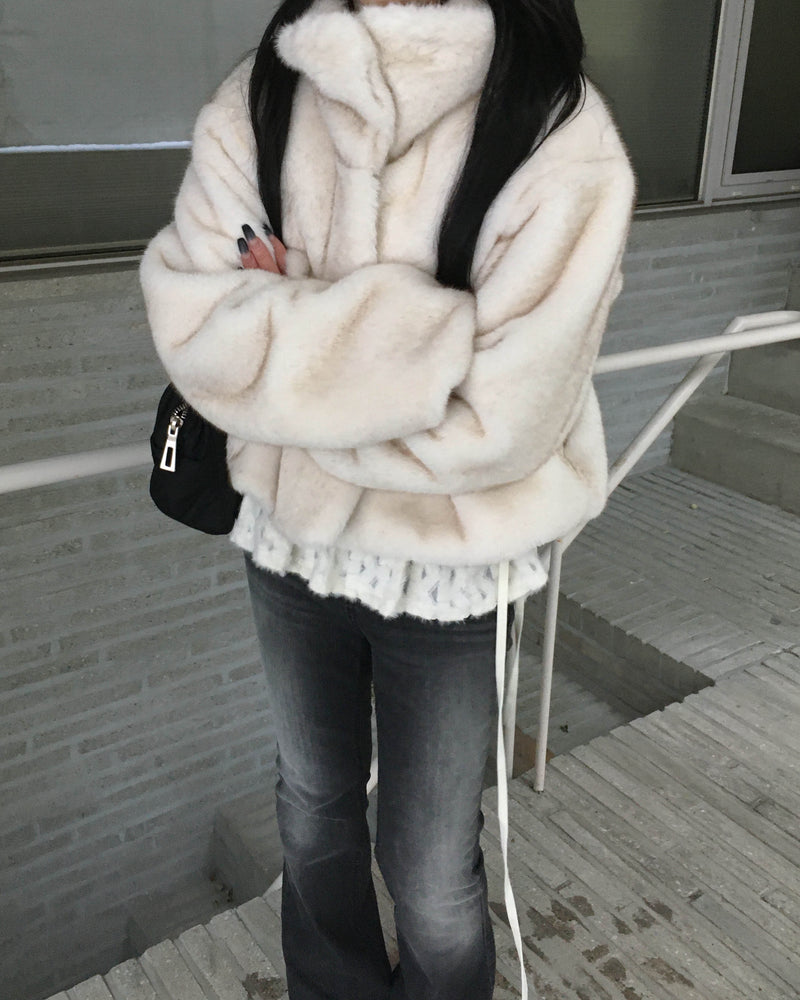 High neck fur crop jacket
