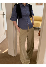 Khaki brown line wide cotton pants