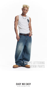 Stripe Lettering Denim Pants - Medium Blue