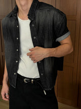 [MUSCLE FIT] Crop denim shirts(2color)