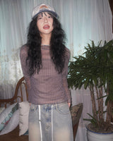 (3color) Wave Half-Neck Check Sheer Tee