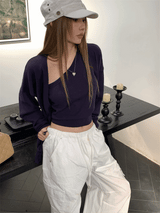 unbalanced top loose-fit cardigan two-piece set