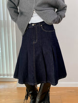 Dark blue raw cotton flared pleats midi skirt
