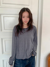 26SS★ [BAONHAUS]フェルツボーダーヘンリーネック長袖Tシャツ