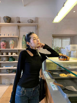 Hollow Shoulder Slit Point Long Sleeve T-Shirt